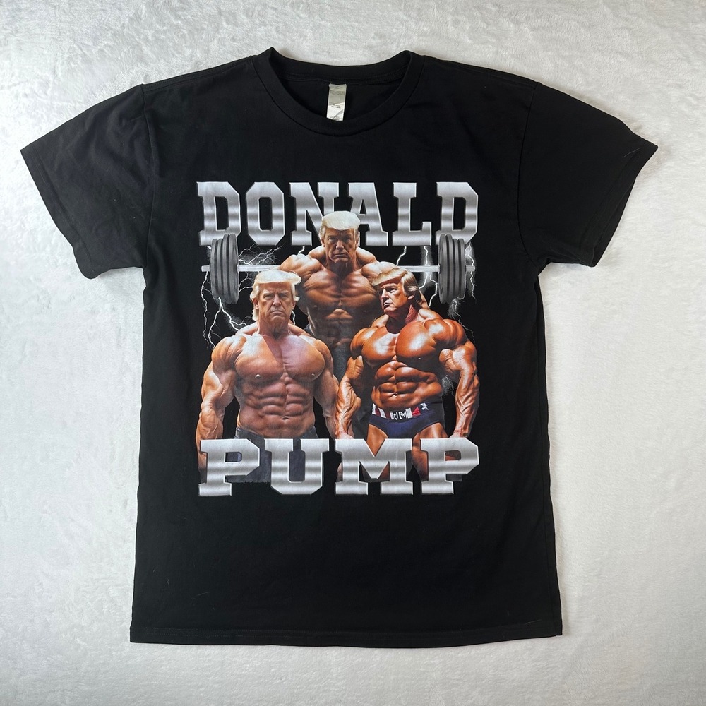 Donald Pump Trump Bodybuilder Graphic T-Shirt Black Heavy Cotton Mens Medium
